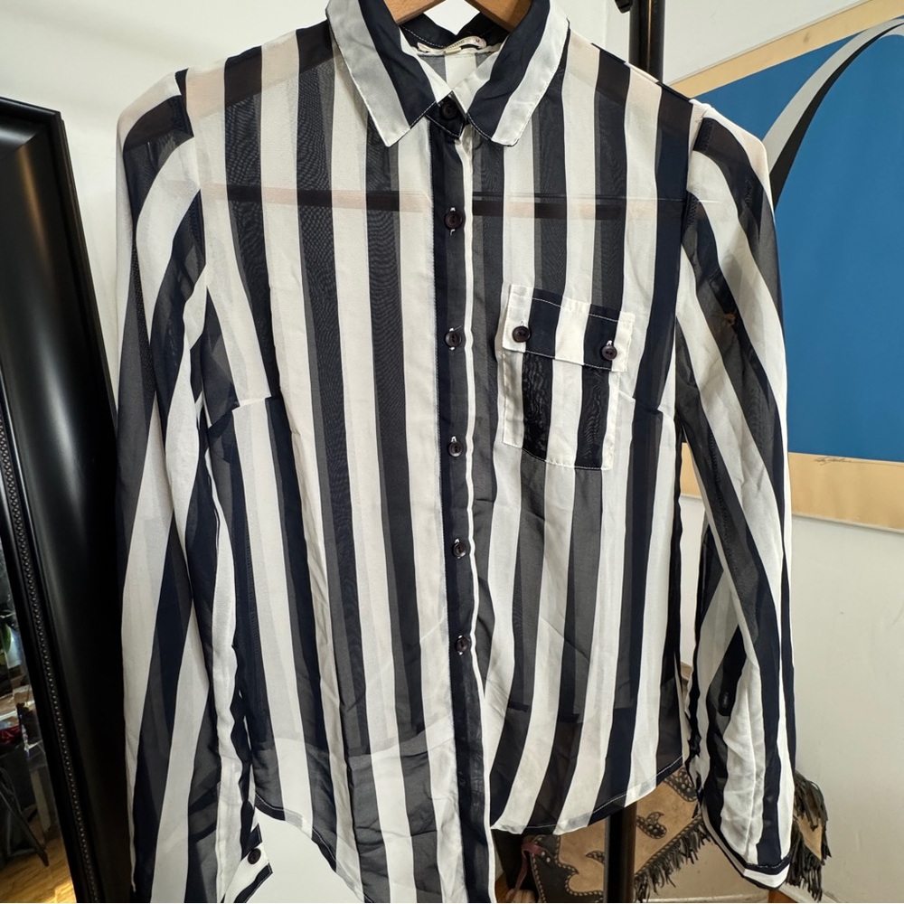 Timing Women's Navy Blue and White Striped Button Down Shirt